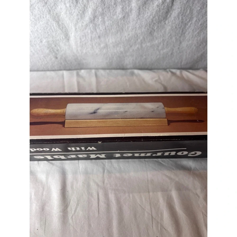 Gourmet Marble Rolling Pin with Wooden Handles and Cradle White Grey Veined 18in